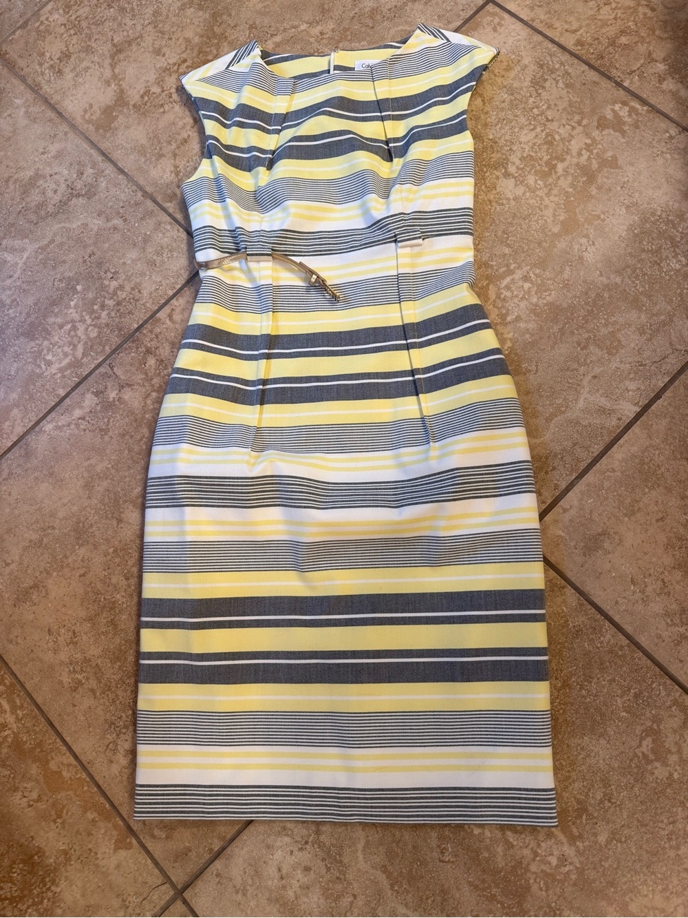 Calvin Klein Striped Yellow and Gray Sheath Dress - Women's
